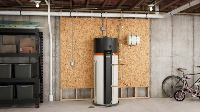 Cala Systems' heat pump water heater sits in a basement.