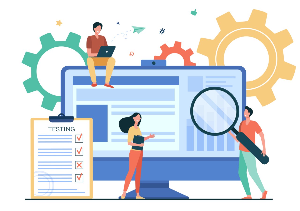 Illustration representing a group of people conducting software QA testing. Shows gears in the background. Several small people with a magnifying glass and a checklist checking a large software interface.