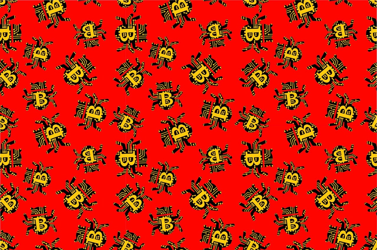 a sea of patterned green bugs with yellow bitcoin logos on them on a red background