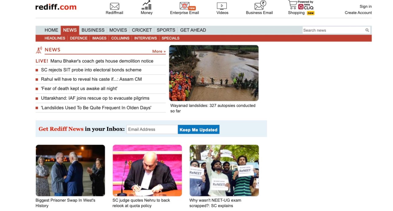 Screenshot of Rediff website